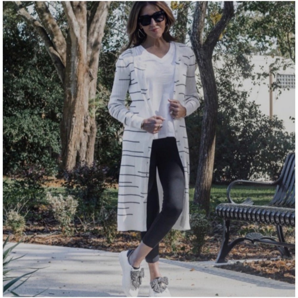 CAbi 5638 Dashes Duster Cardigan Sweater White Black Cotton Rib Knit SZ M